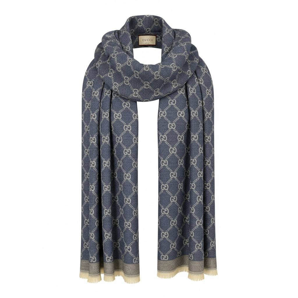 🧣 Gucci GG Monogram Blue Scarf – Timeless Italian Luxury ✨