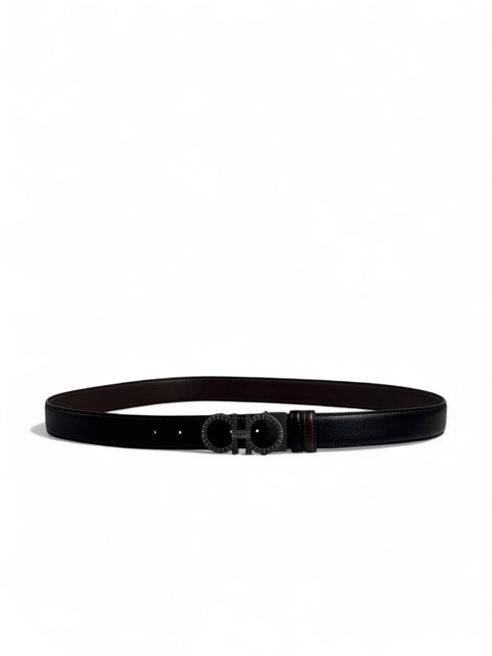 🖤 Ferragamo Style Double-Face Belt – 130 cm | Matte Black “Gancini” Buckle 🌀 | Reversible Premium Finish ✨