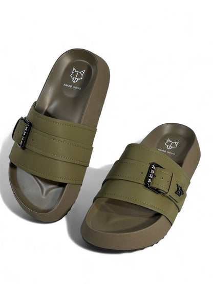 Naked Wolfe Khaki Buckle Sandals – Bold & Trendy Comfort 👟🦅