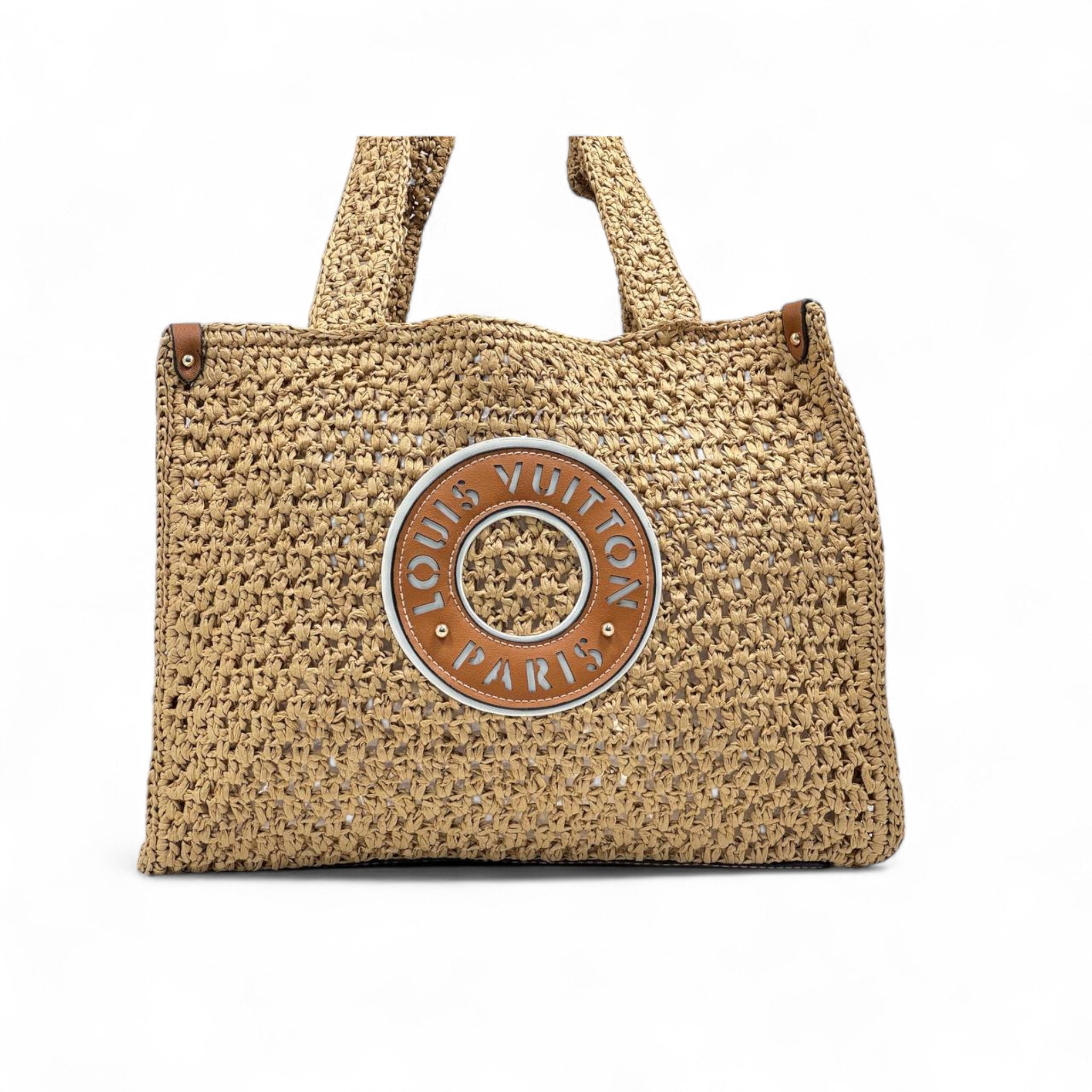 Louis Vuitton Paris Raffia Tote Bag 🌞👜 | Natural Woven Straw with Signature Circle Patch