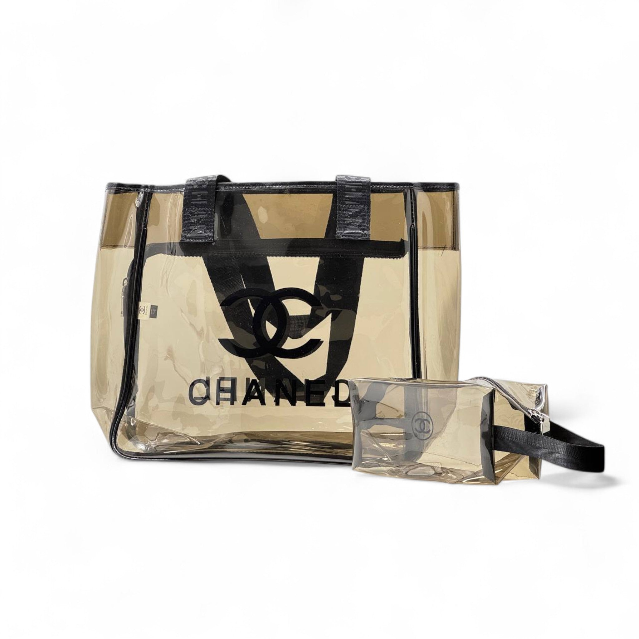 Chanel Beige Transparent PVC Tote 🖤👜 | Logo Beach Bag with Matching Wristlet ✨