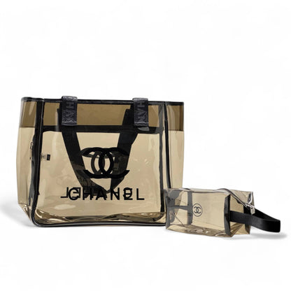 Chanel Beige Transparent PVC Tote 🖤👜 | Logo Beach Bag with Matching Wristlet ✨