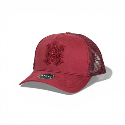 🧢 AMIRI Crystal Monogram Trucker Cap – Burgundy Red