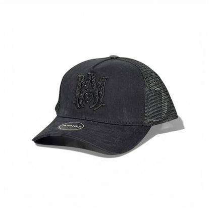 🧢 AMIRI Crystal Monogram Trucker Cap – All Black