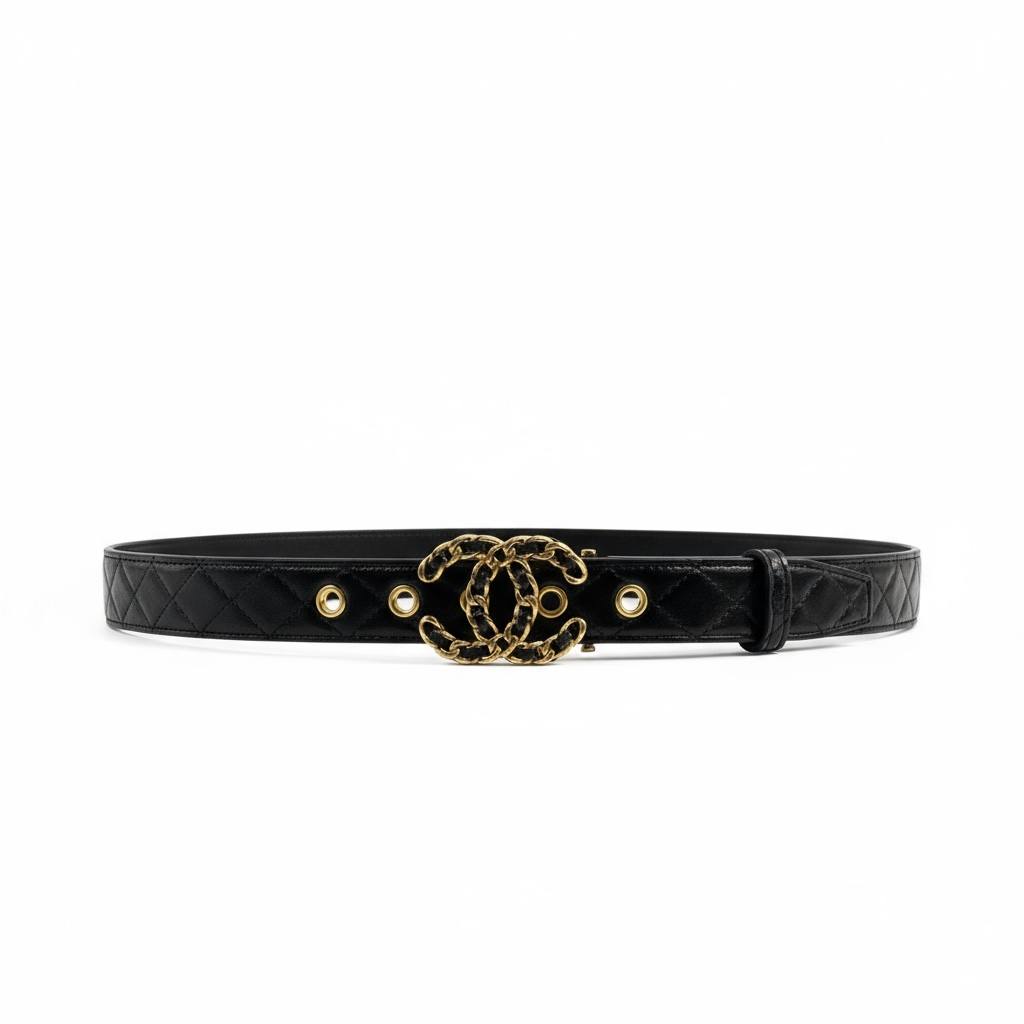 Chanel Black Quilted Leather Belt 🖤✨ | Iconic CC Chain Logo – With Box 📦