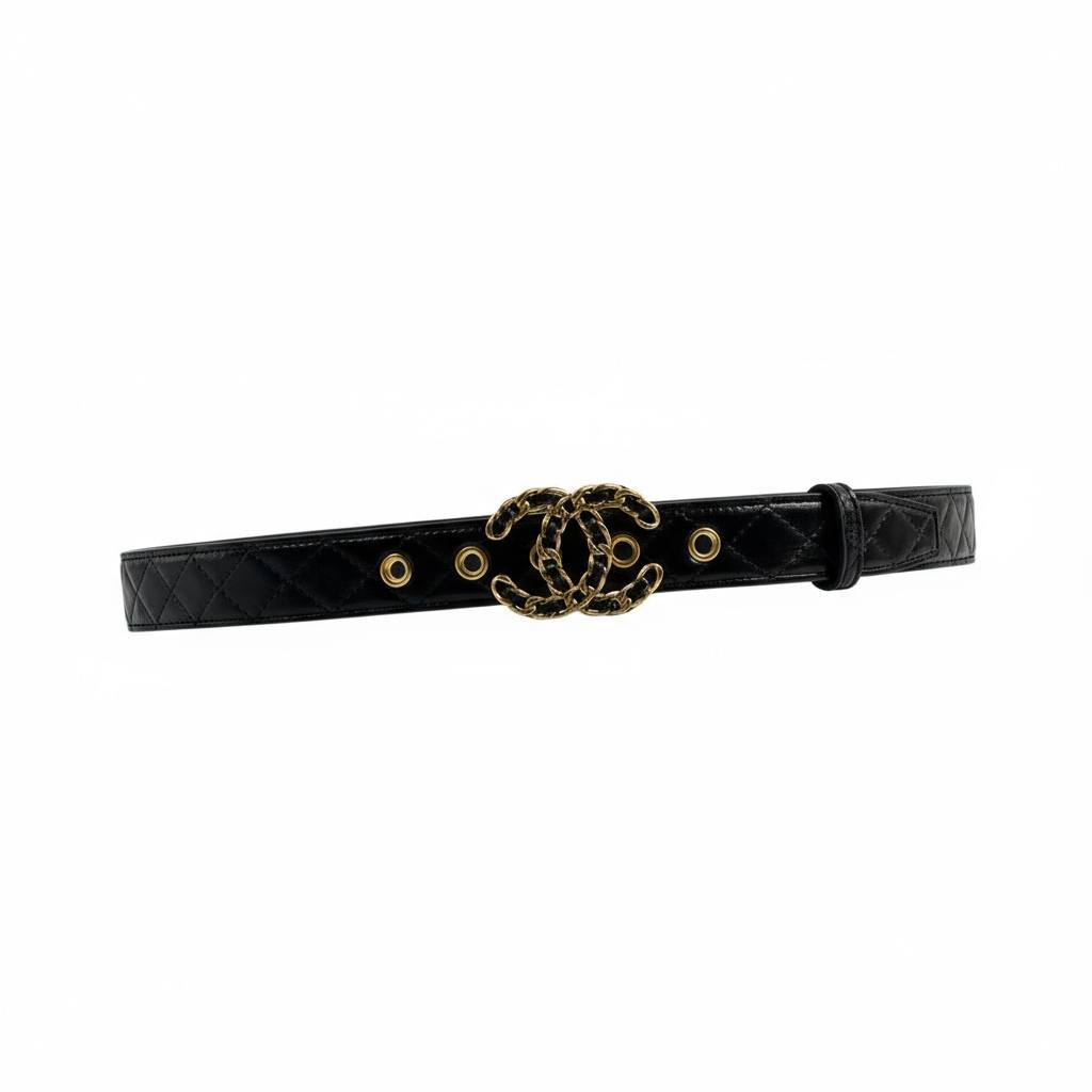 Chanel Black Quilted Leather Belt 🖤✨ | Iconic CC Chain Logo – With Box 📦