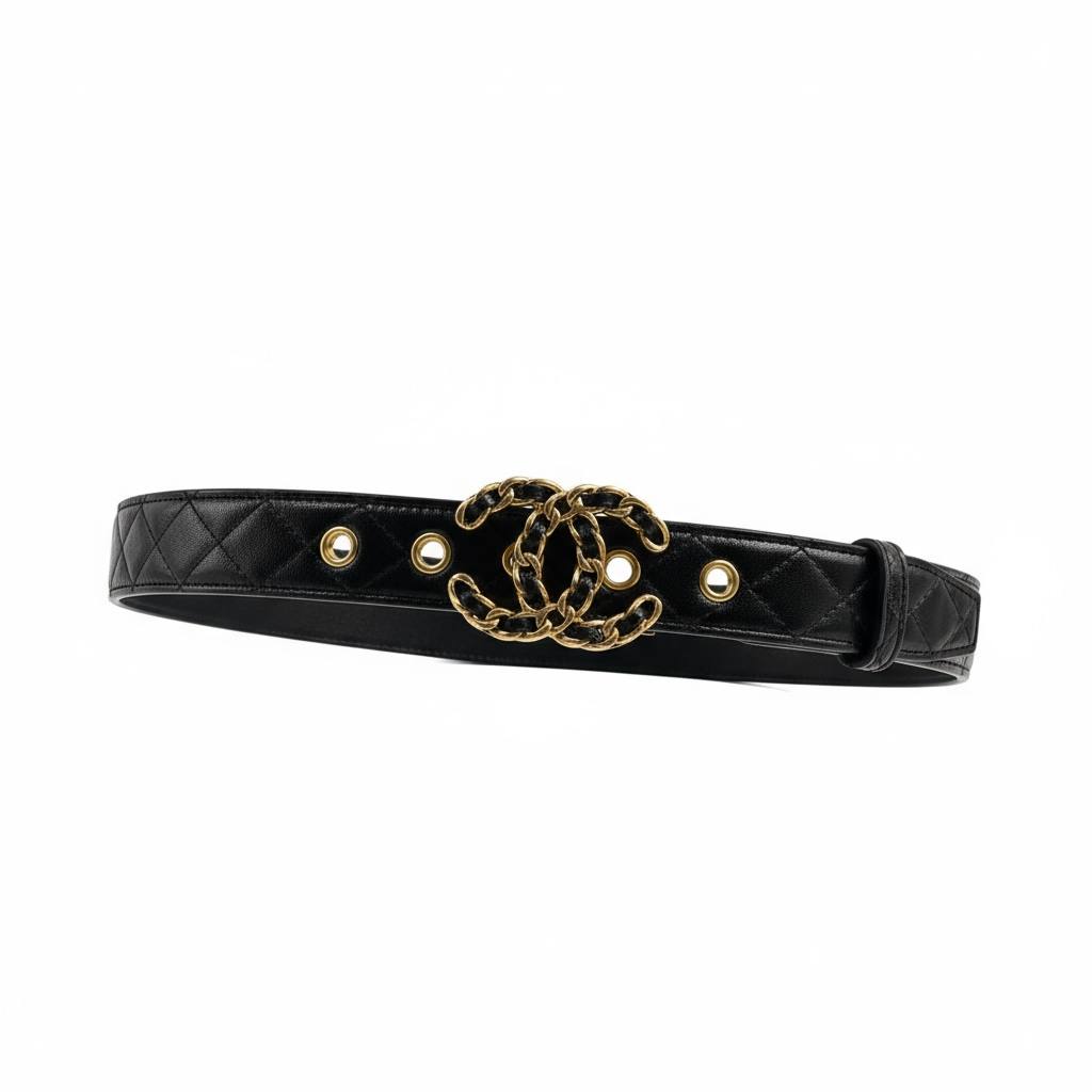 Chanel Black Quilted Leather Belt 🖤✨ | Iconic CC Chain Logo – With Box 📦