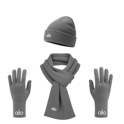 🩶 Alo Grey Winter Knit Set – Beanie, Scarf & Gloves Minimal Comfort ❄️