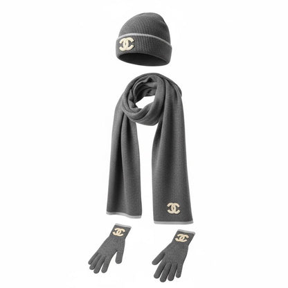 🖤 Chanel CC Luxury Winter Set – Knit Beanie, Scarf & Gloves in Grey