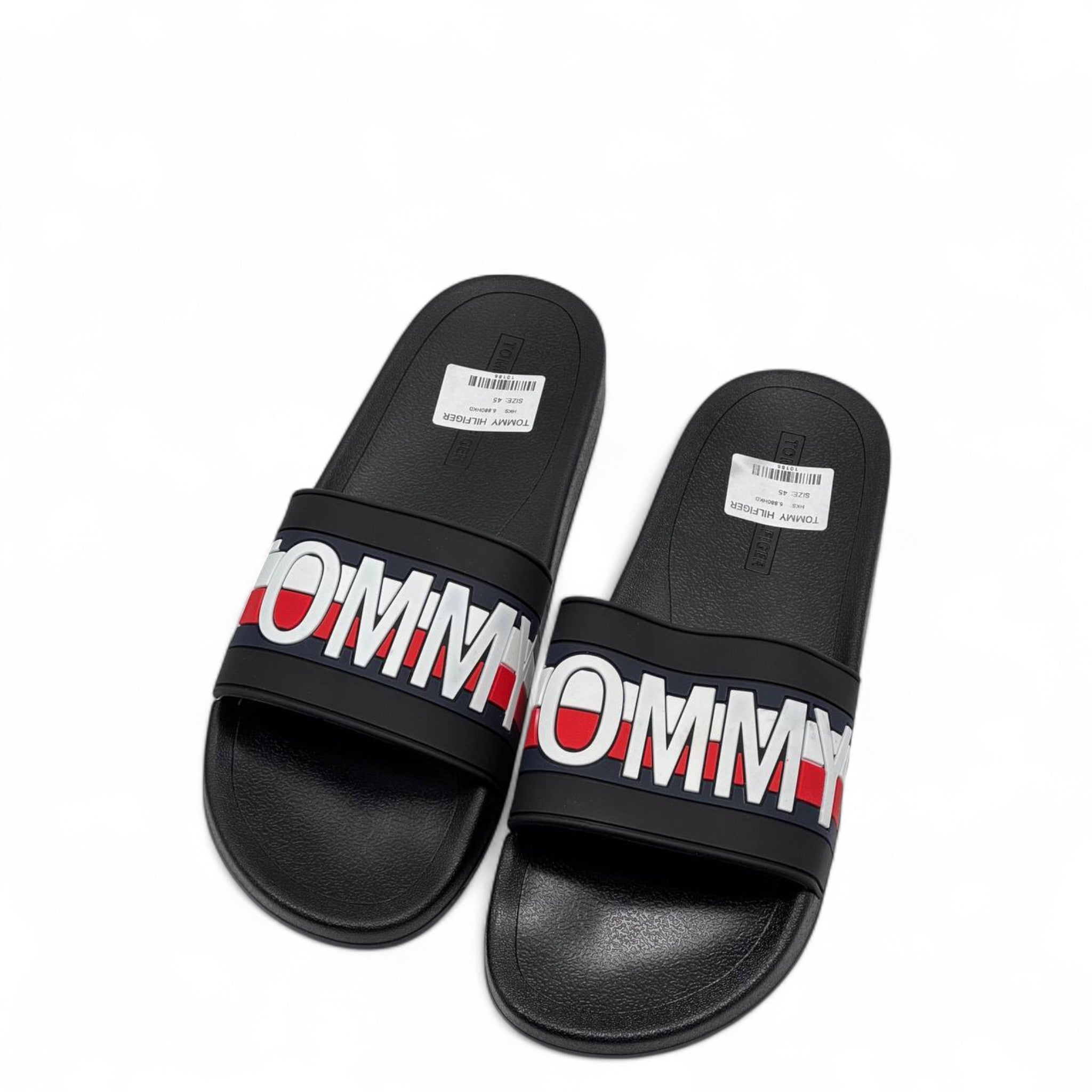 ⚫ Tommy Hilfiger Black Slides – Bold Red & White Logo Strap