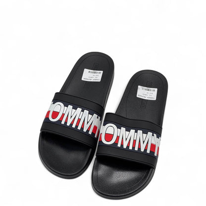 ⚫ Tommy Hilfiger Black Slides – Bold Red & White Logo Strap