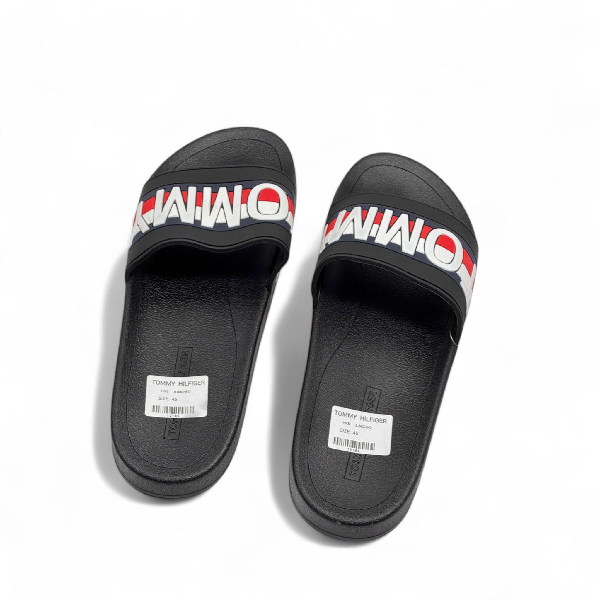 ⚫ Tommy Hilfiger Black Slides – Bold Red & White Logo Strap
