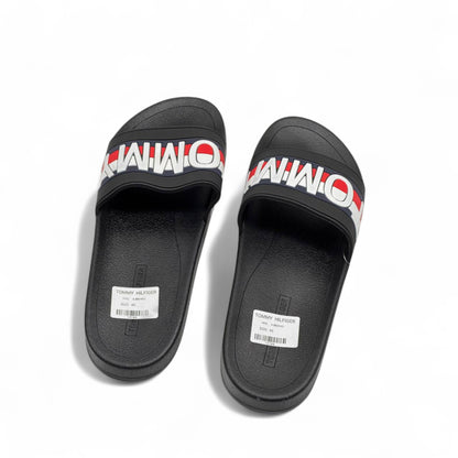⚫ Tommy Hilfiger Black Slides – Bold Red & White Logo Strap