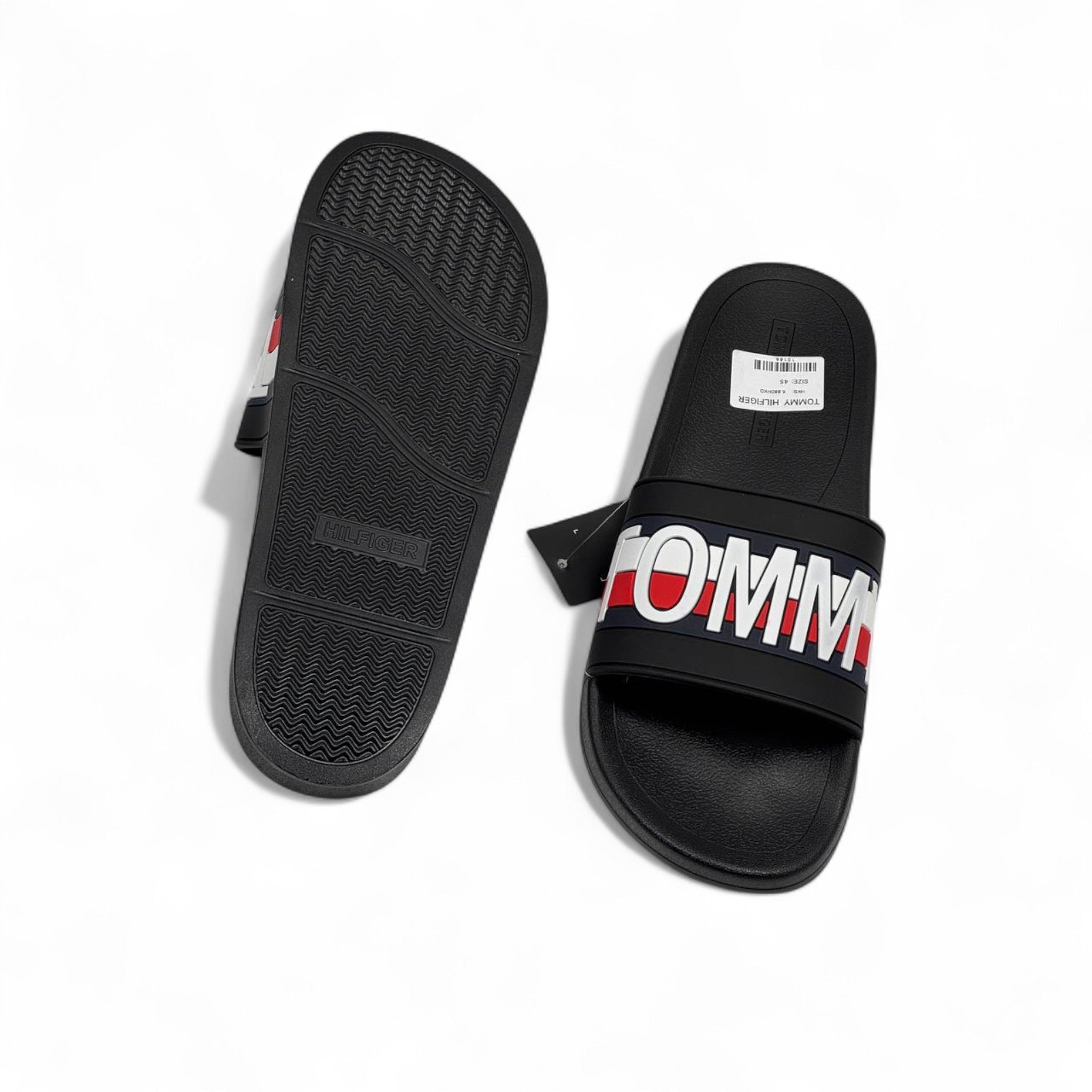 ⚫ Tommy Hilfiger Black Slides – Bold Red & White Logo Strap