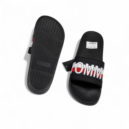 ⚫ Tommy Hilfiger Black Slides – Bold Red & White Logo Strap