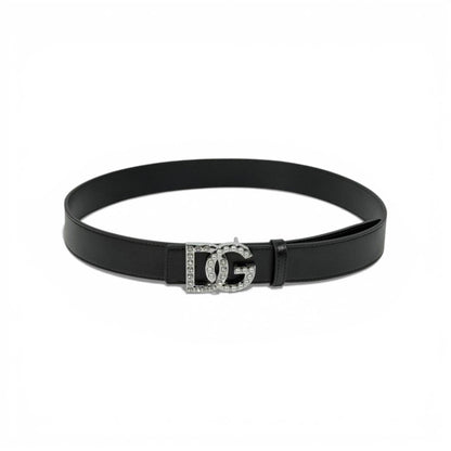 🖤 Dolce & Gabbana Black Leather Belt with Crystal DG Buckle – 115 cm | Iconic Glam Luxury ✨💎