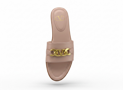 Valentino VLogo Nude Leather Slides 🤍✨ Premium Gold Chain
