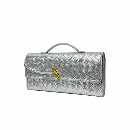 ✨ Bottega Veneta Silver Intrecciato Knot Clutch – Luxury Metallic Evening Handbag ✨