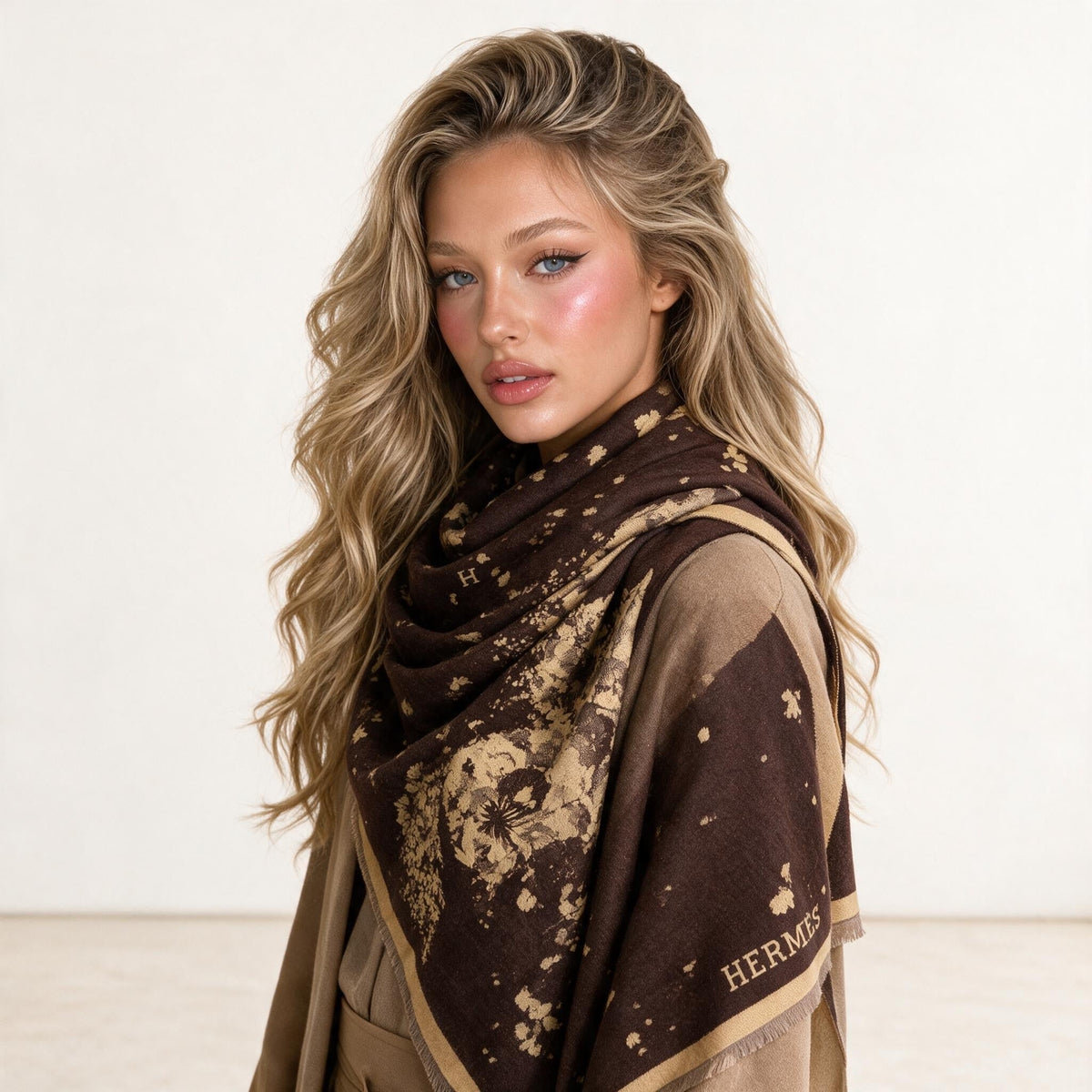 Hermès Floral Jacquard Shawl — Brown