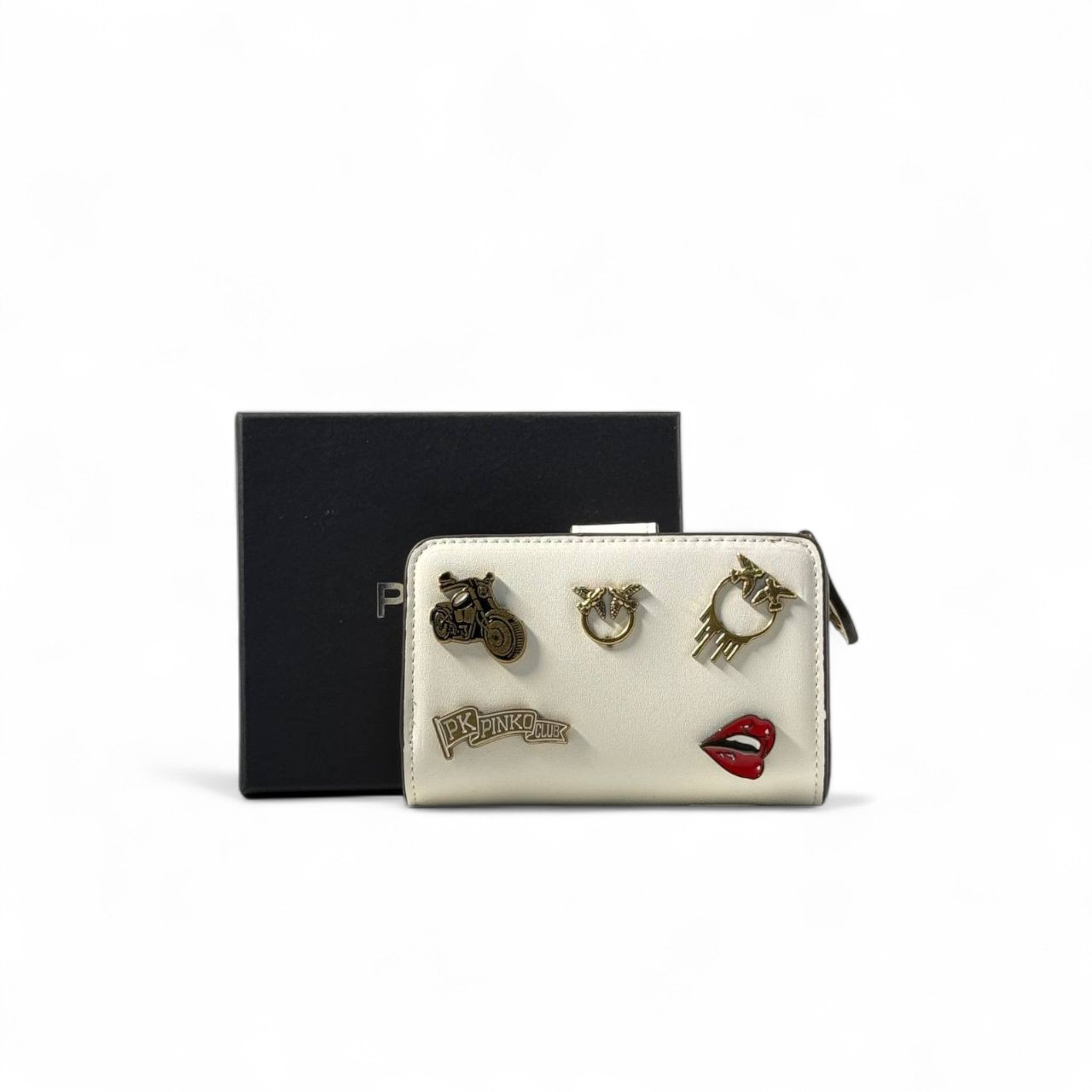 🤍 Pinko Charm Wallet – Ivory with Gold Icons & Red Lips Detail 💋✨
