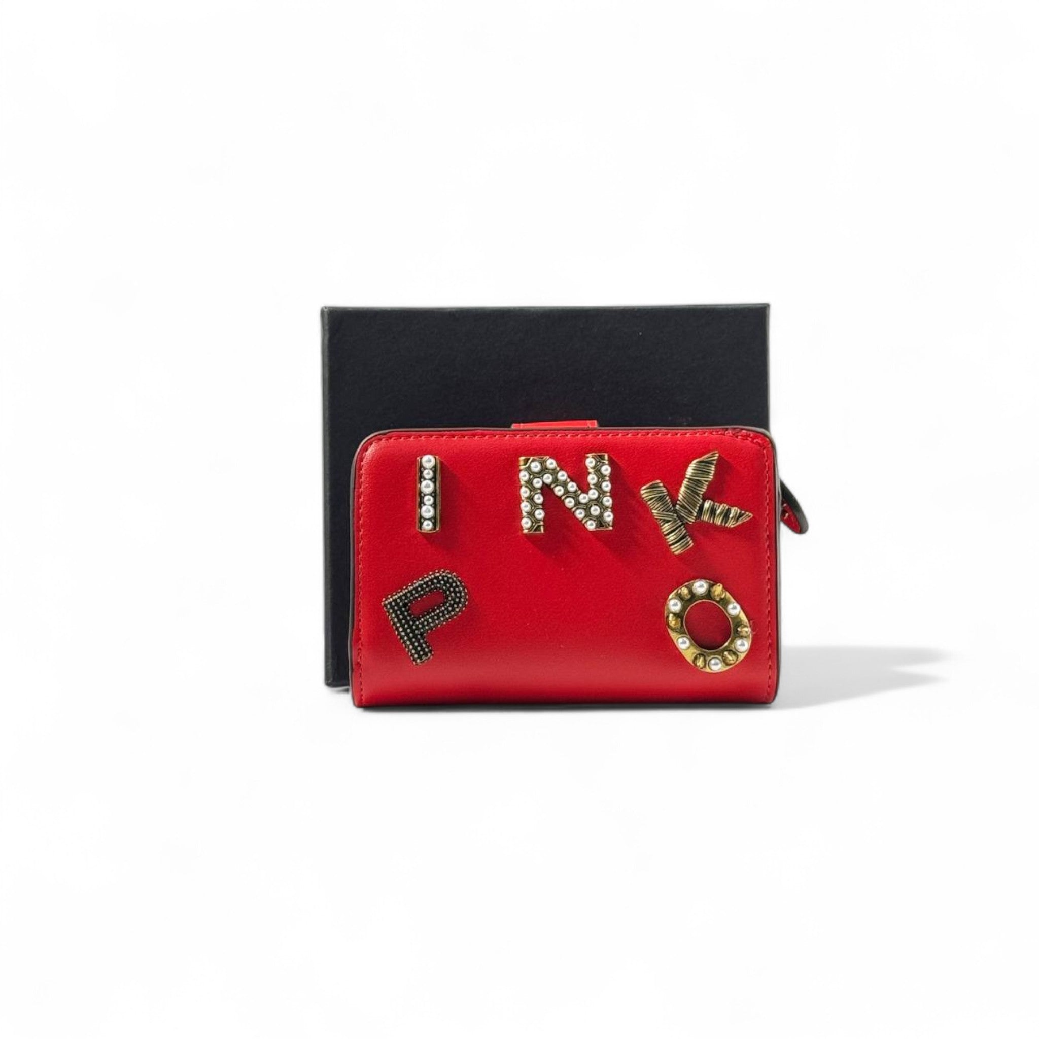 ❤️ Pinko Crystal Letter Wallet – Red with Bold Studded Logo ✨