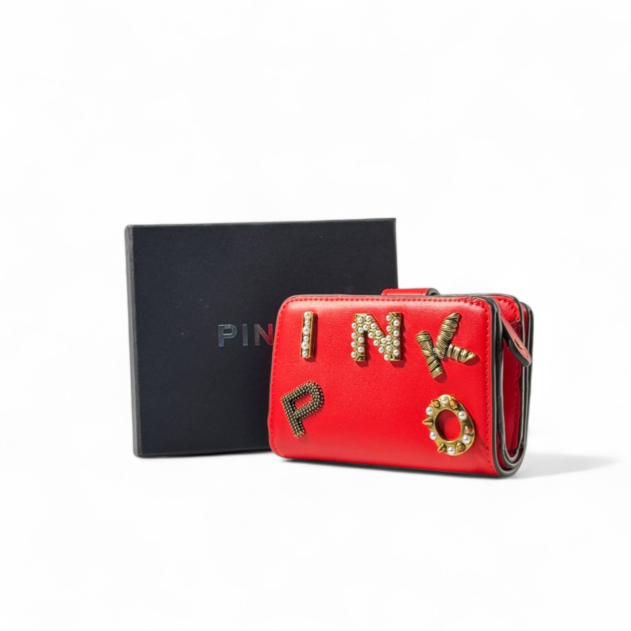 ❤️ Pinko Crystal Letter Wallet – Red with Bold Studded Logo ✨