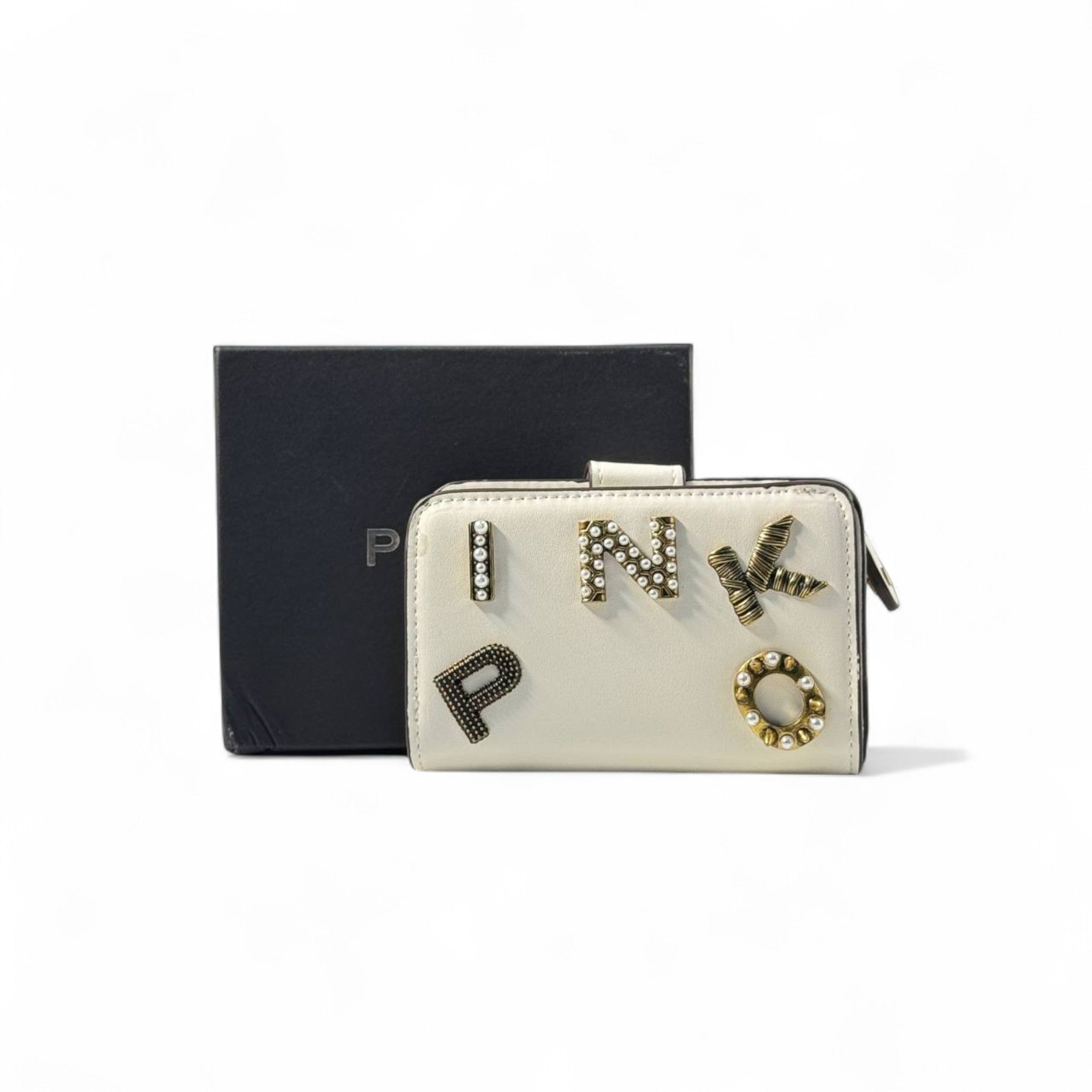 ✨ Pinko Crystal Letter Wallet – Ivory with Studded PINKO Logo 💎