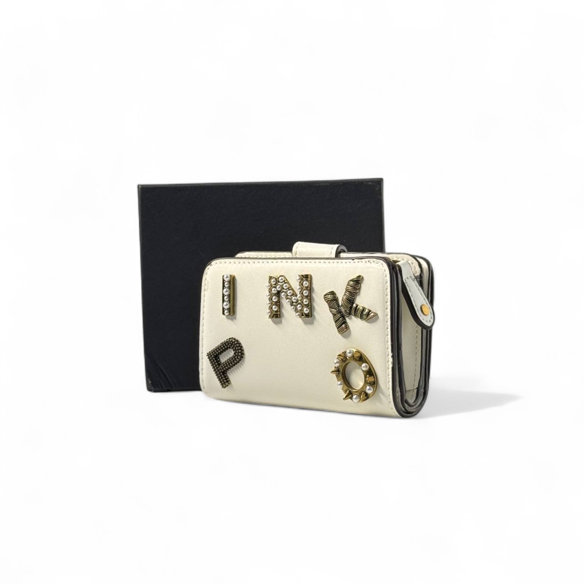 ✨ Pinko Crystal Letter Wallet – Ivory with Studded PINKO Logo 💎