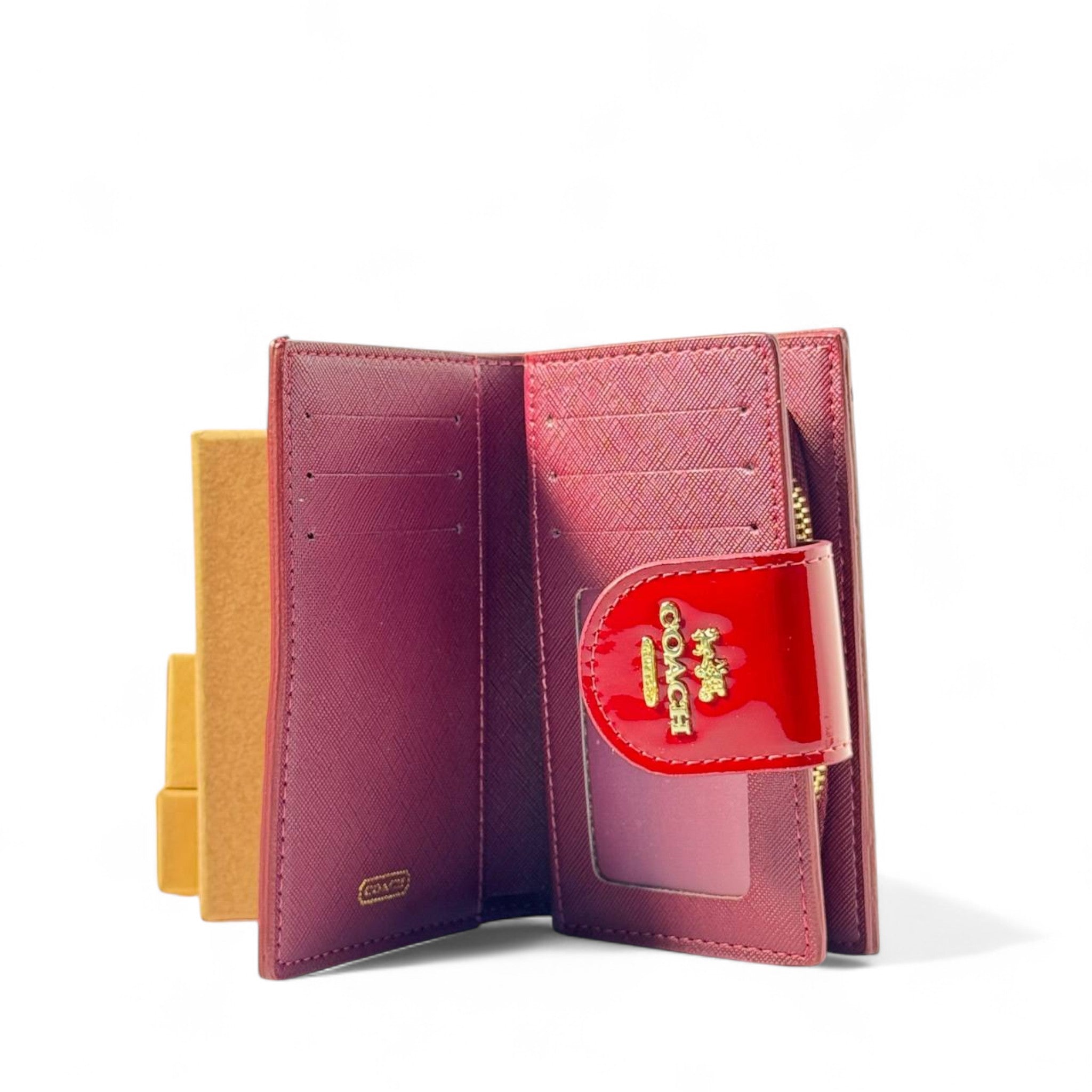 ❤️ Coach Signature Wallet – Red Patent Leather with Gold Logo ✨