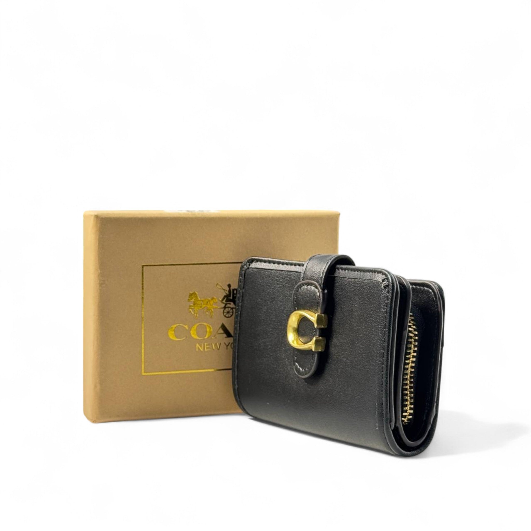 🖤 Coach Tab Wallet – Black Leather with Gold "C" Buckle Closure ✨