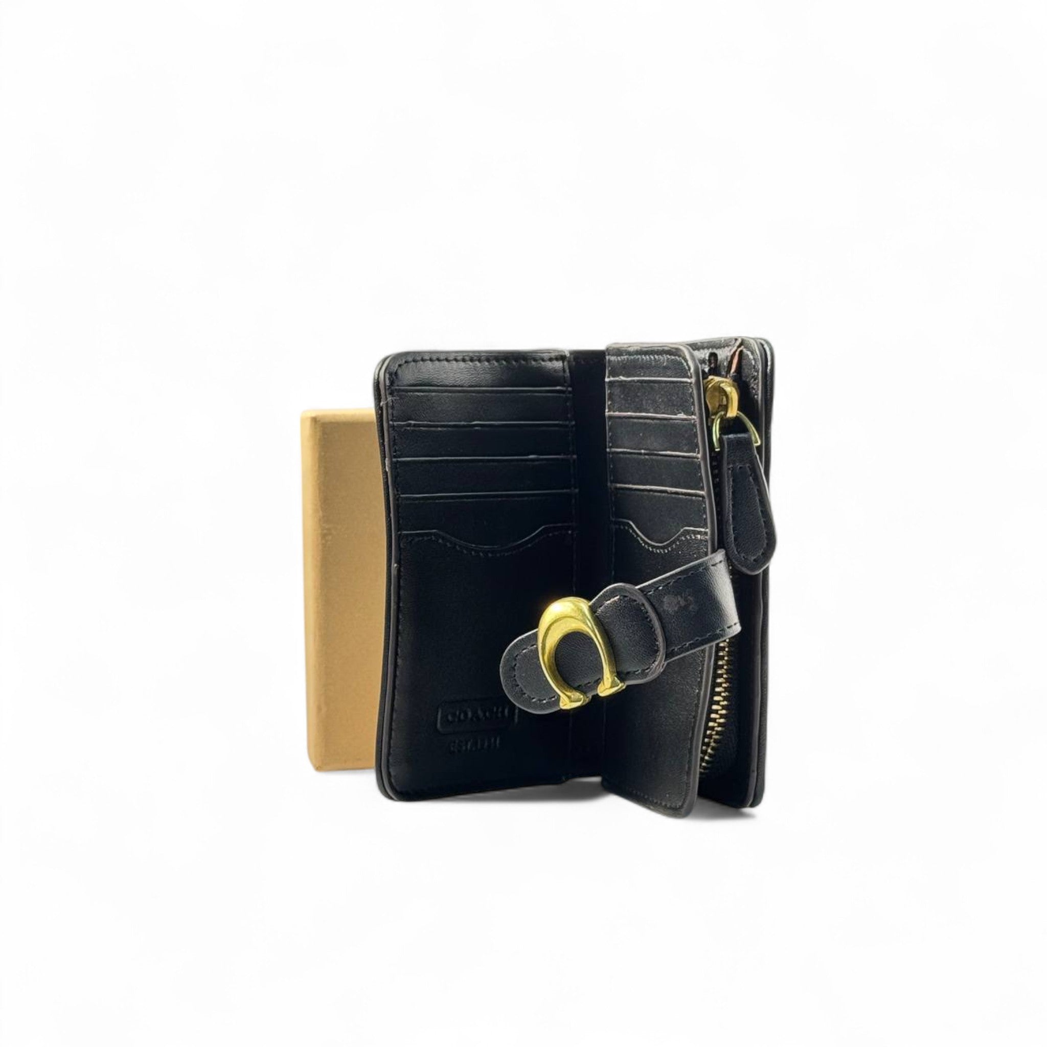 🖤 Coach Tab Wallet – Black Leather with Gold "C" Buckle Closure ✨