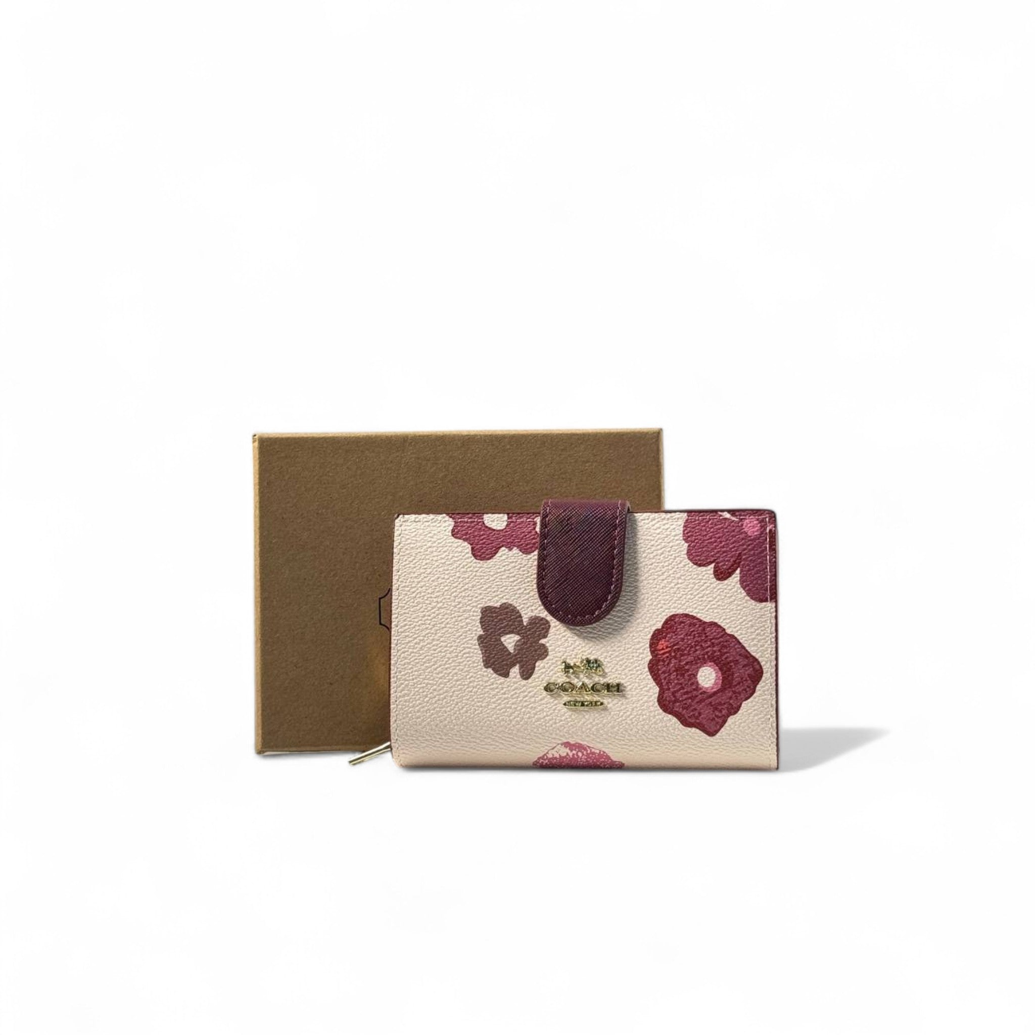 🌸 Coach Floral Wallet – Cream with Burgundy Flower Print & Gold Logo ✨