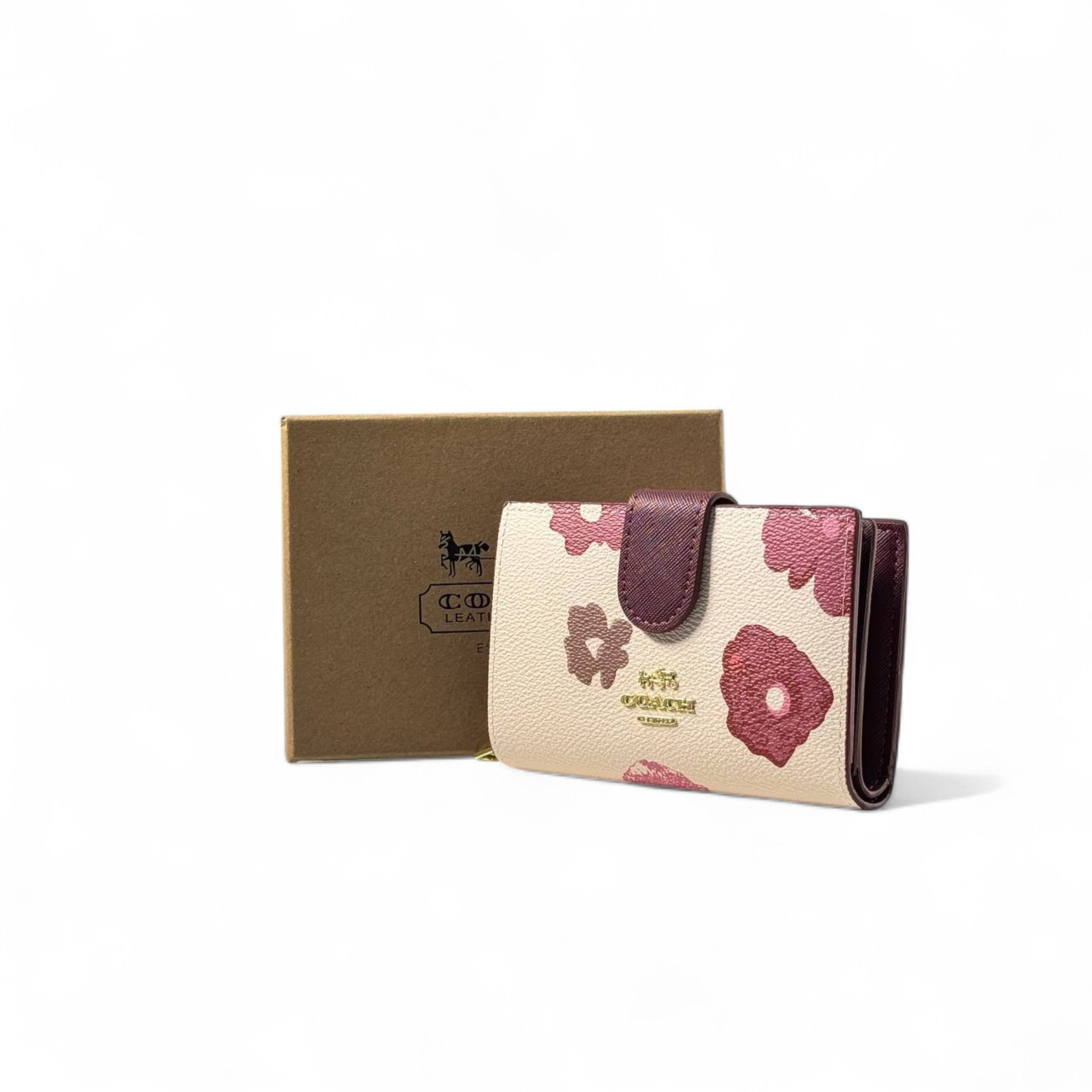 🌸 Coach Floral Wallet – Cream with Burgundy Flower Print & Gold Logo ✨