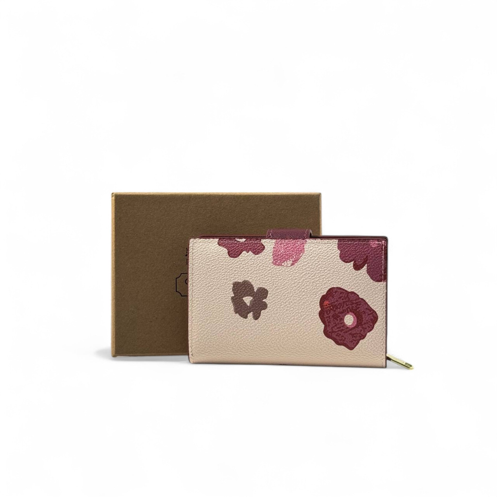 🌸 Coach Floral Wallet – Cream with Burgundy Flower Print & Gold Logo ✨