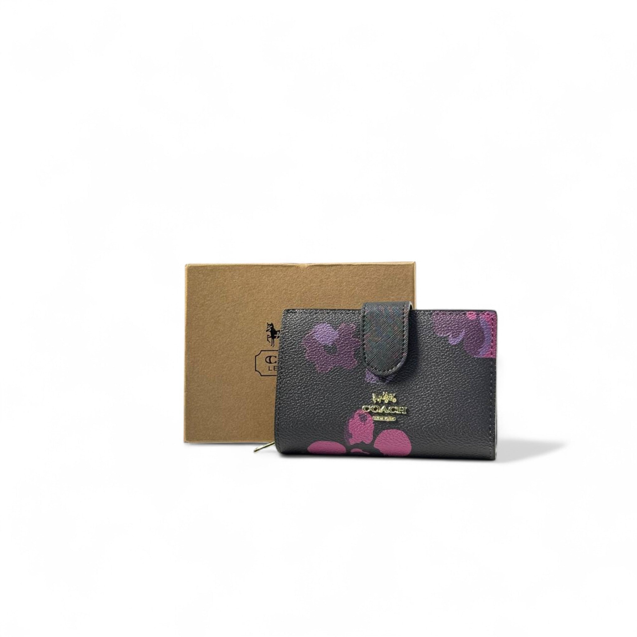 🖤 Coach Floral Print Wallet – Black with Pink Accents 🌸