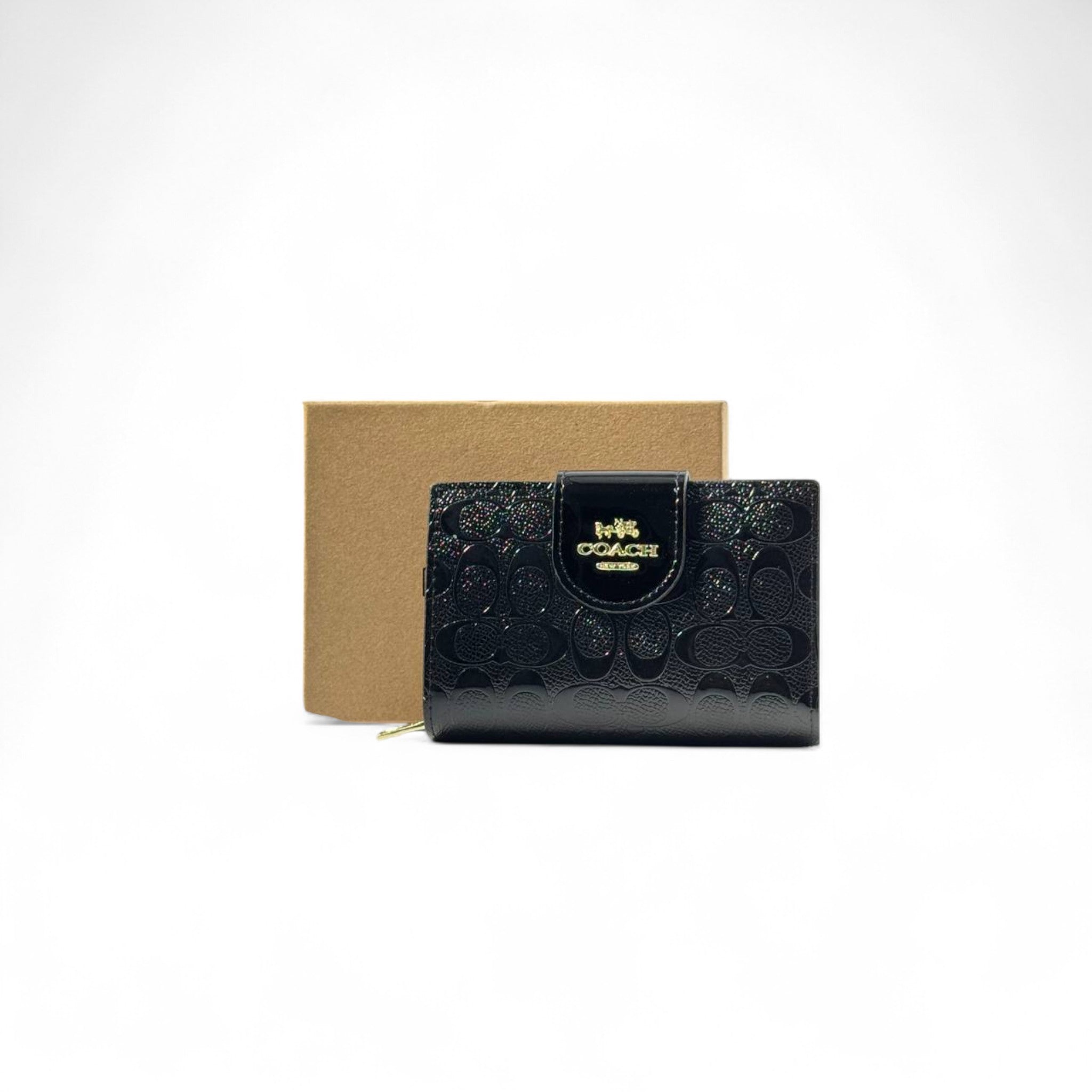🖤 Coach Signature Black Patent Wallet – Gold Accent Elegance ✨