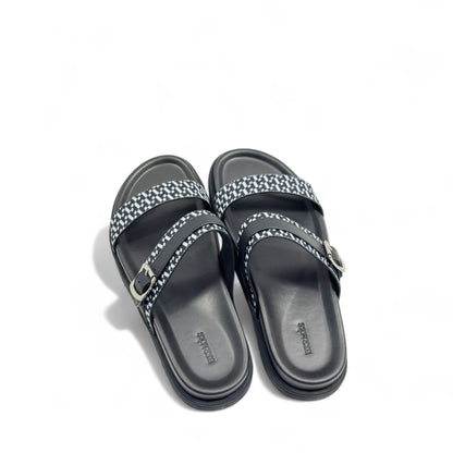Hermès-Inspired Patterned Slippers with Buckle & Box | Black & White Minimalist Slide