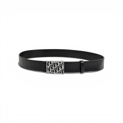 🖤 Dior Leather Belt with Silver Monogram Buckle – 115 cm | Signature Elegance ✨