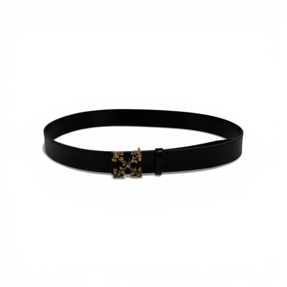 🖤 Off-White Black Leather Belt Gold Cross Buckle 115cm
