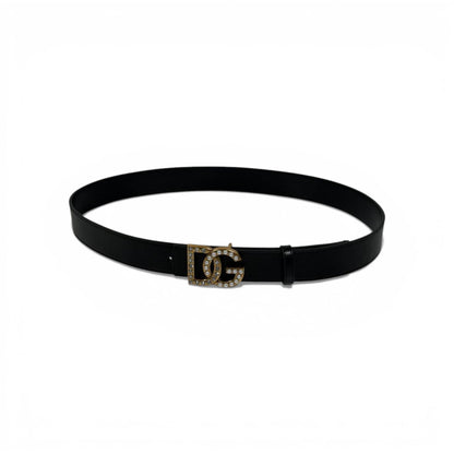 🖤 Dolce & Gabbana Black Leather Belt Gold Crystal DG Buckle 120cm Luxury Men’s Belt