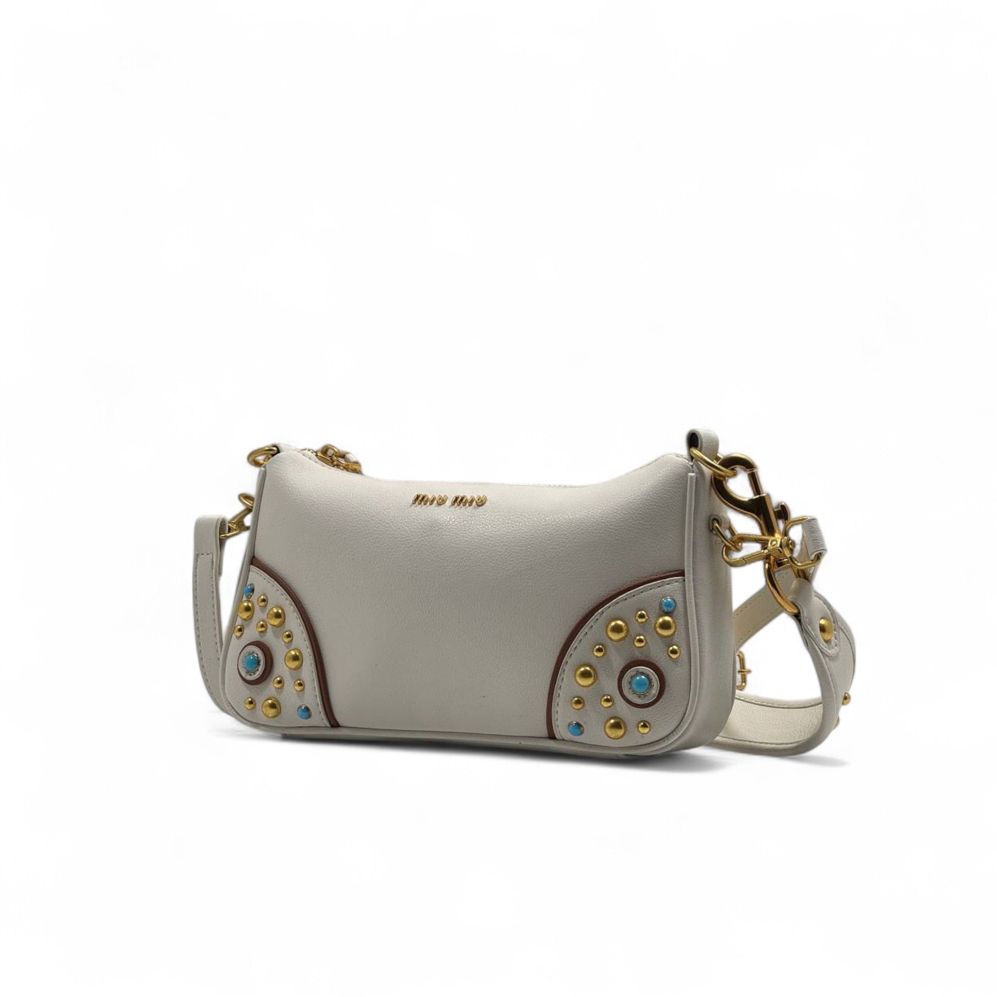 👜 Miu Miu Ivory Studded Leather Bag – Light Luxe, Statement Elegance 🤍💫