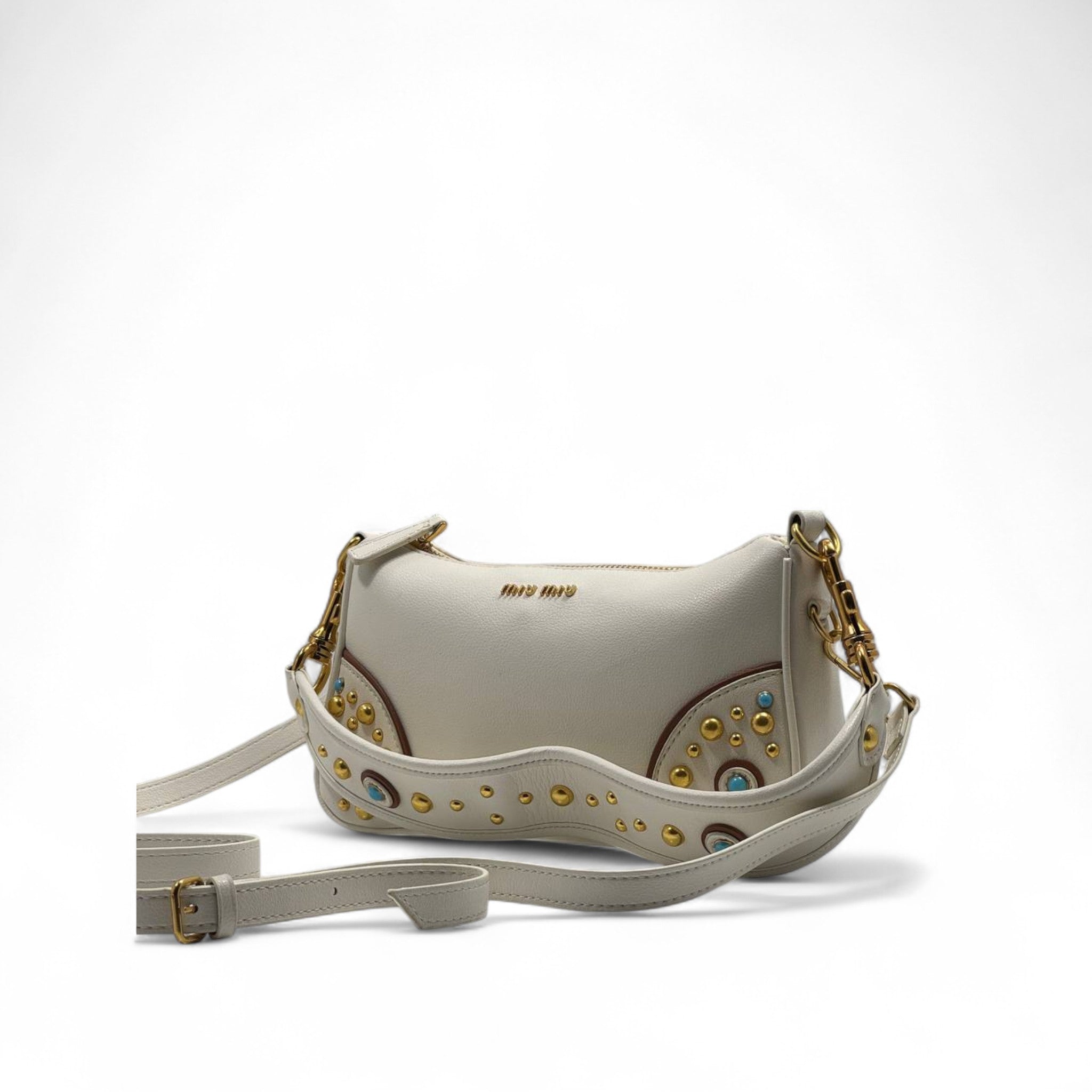 👜 Miu Miu Ivory Studded Leather Bag – Light Luxe, Statement Elegance 🤍💫