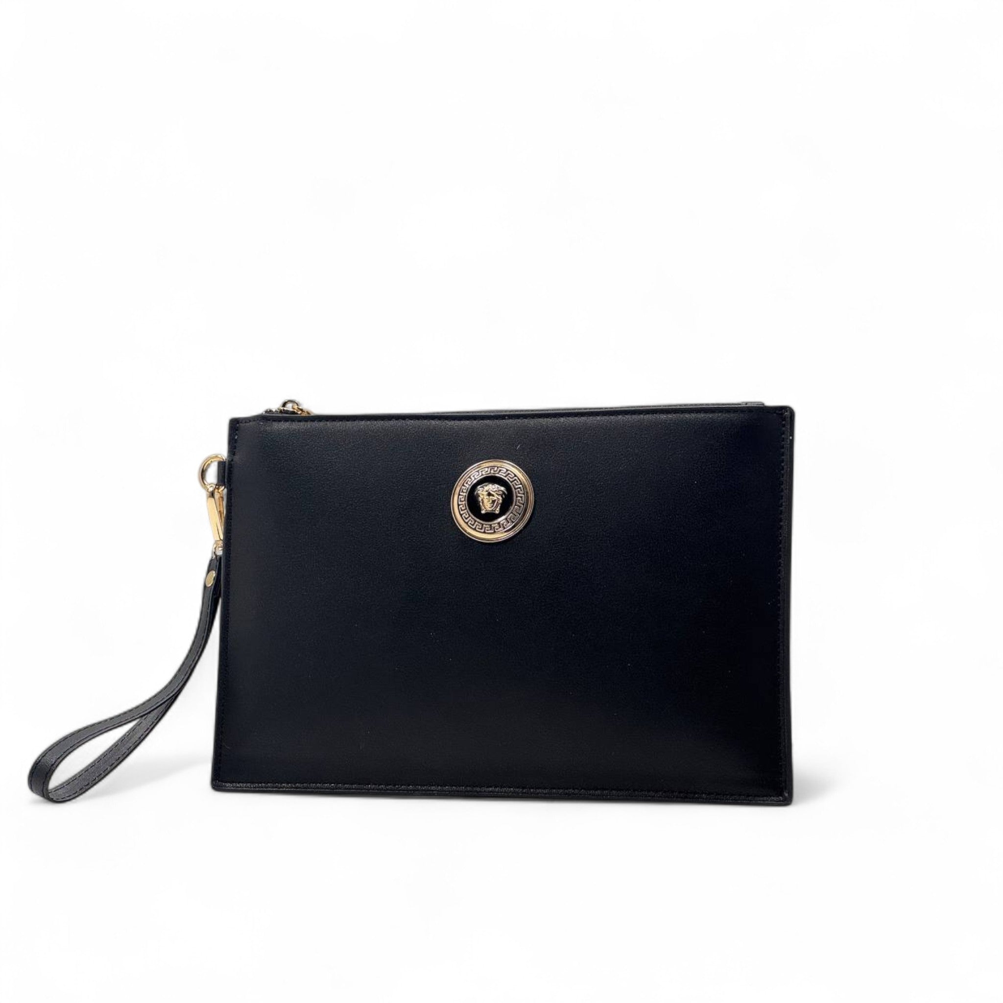 Versace Black Medusa Clutch 🖤 | Gold Emblem Leather Wristlet