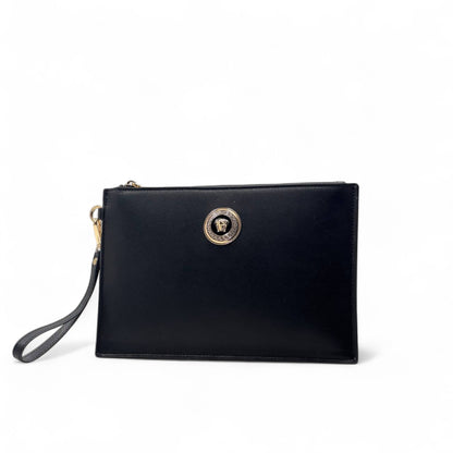 Versace Black Medusa Clutch 🖤 | Gold Emblem Leather Wristlet
