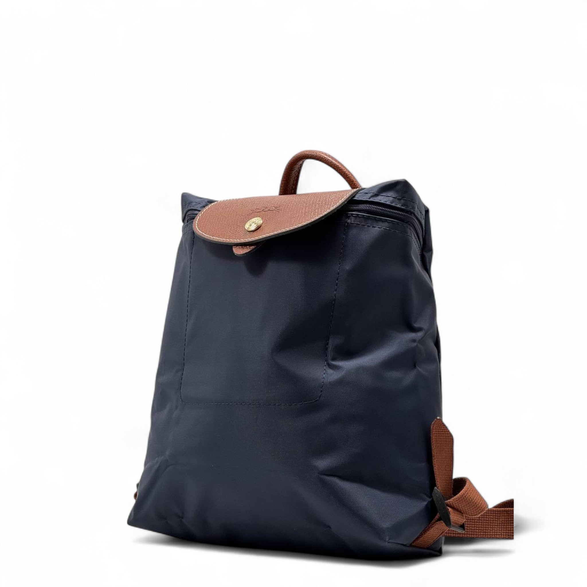 Longchamp Le Pliage Nylon Backpack 🎒✨ – Navy with Brown Leather Trim