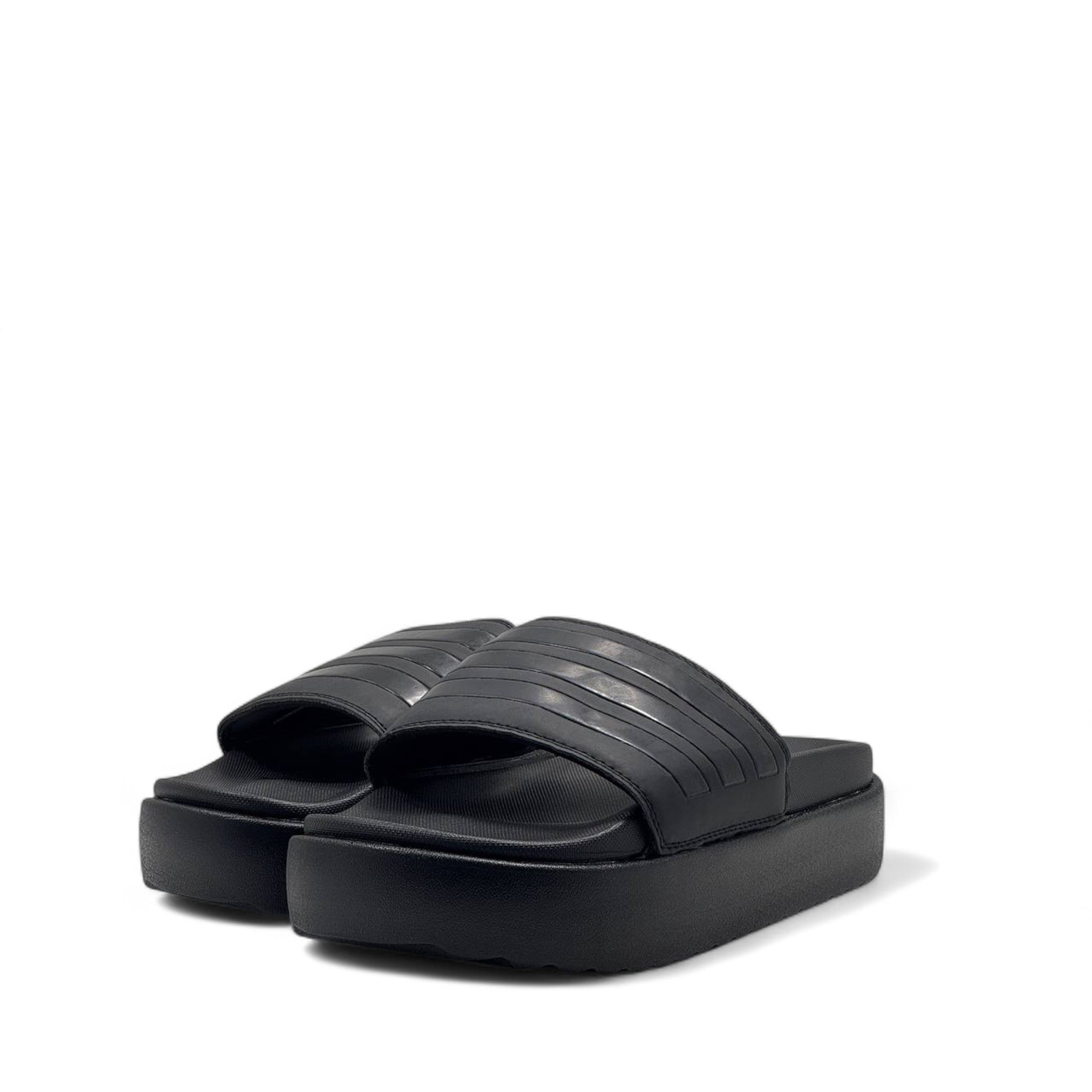 ⚫ Adidas Triple Black Embossed Stripes Platform Slippers – Minimalist Vibe 🖤