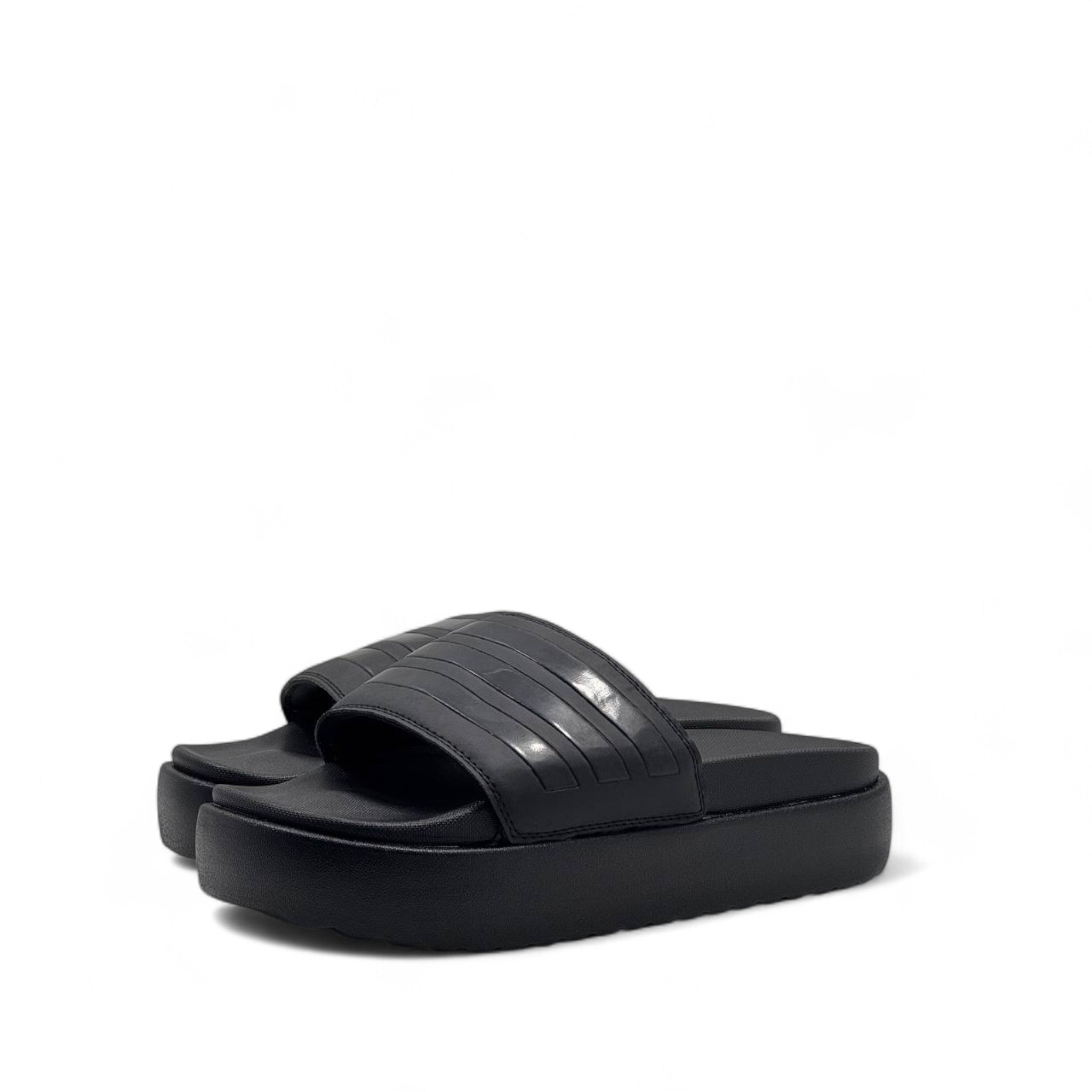 ⚫ Adidas Triple Black Embossed Stripes Platform Slippers – Minimalist Vibe 🖤
