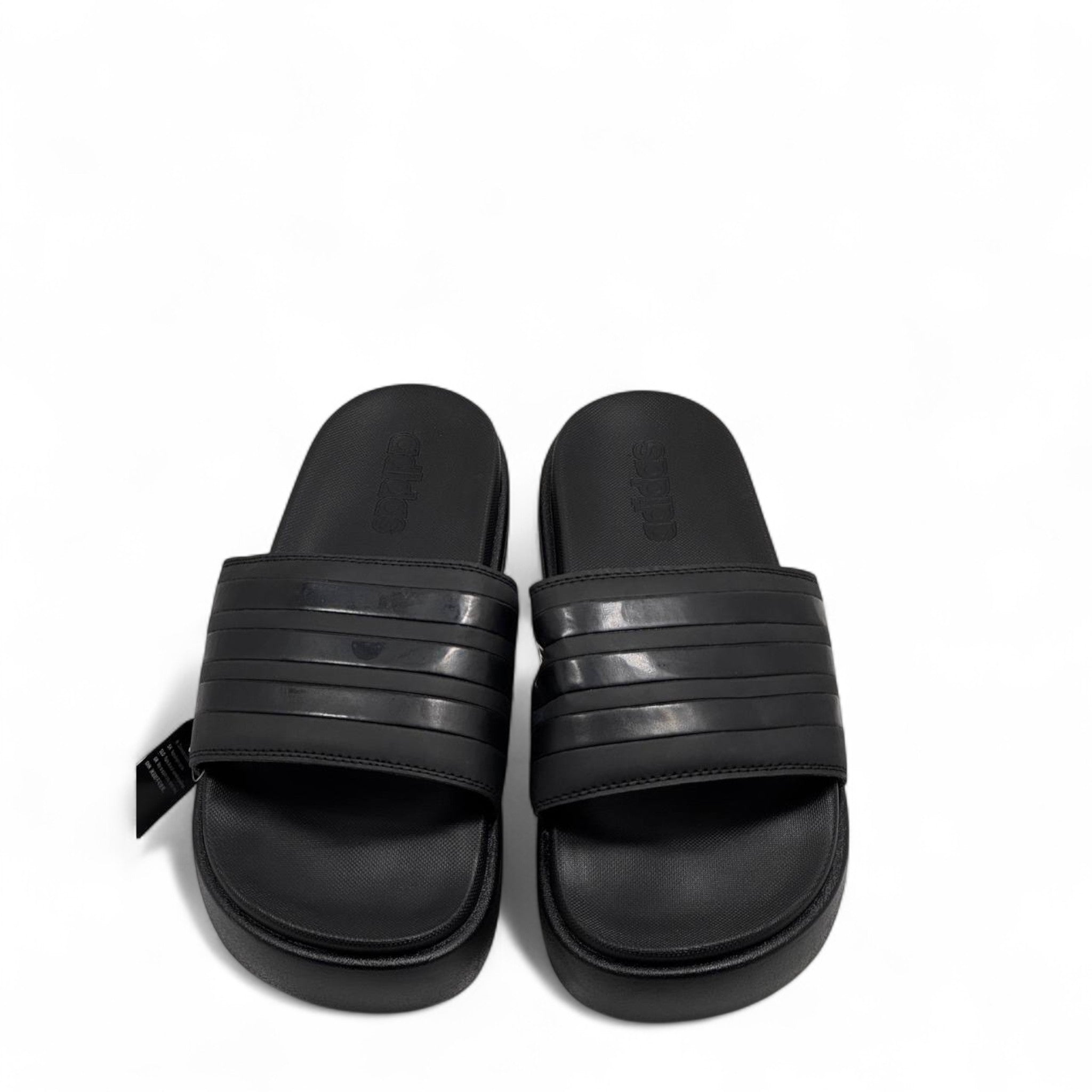 ⚫ Adidas Triple Black Embossed Stripes Platform Slippers – Minimalist Vibe 🖤