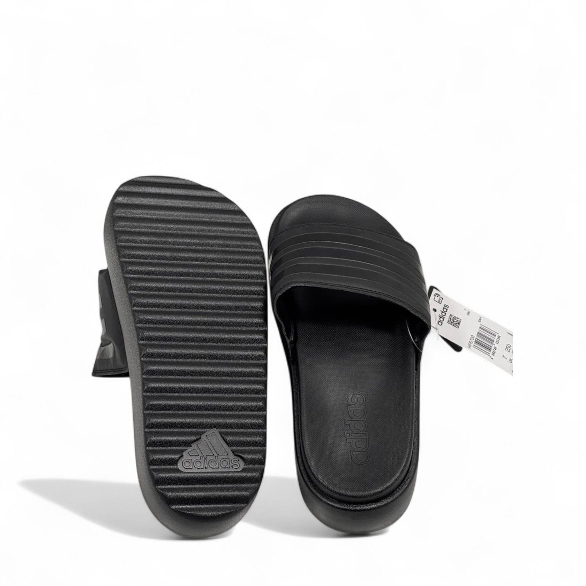 ⚫ Adidas Triple Black Embossed Stripes Platform Slippers – Minimalist Vibe 🖤