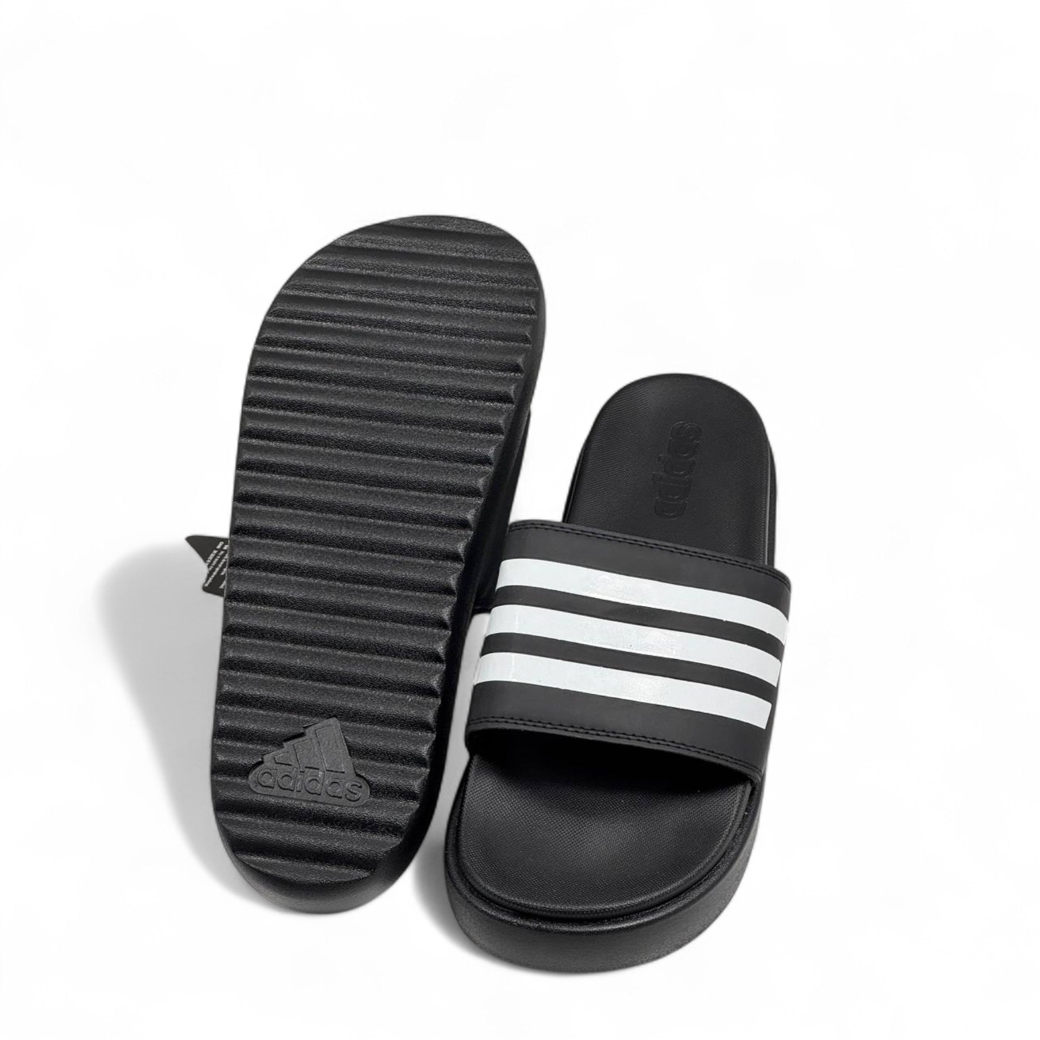 Adidas Platform Slides – Black & White | Classic Stripe Comfort 👟